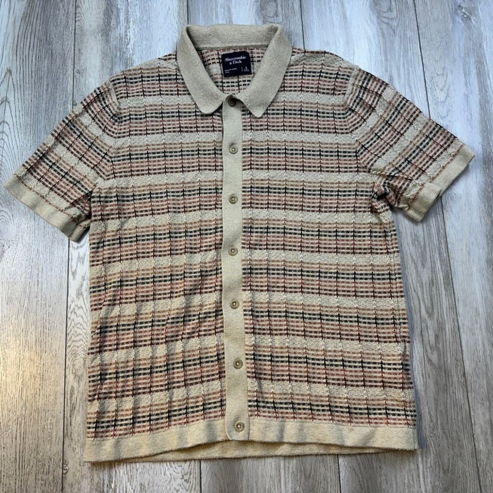 Abercrombie & Fitch Shirt Mens Small Brown Crochet Preppy Loose-Knit Button Up